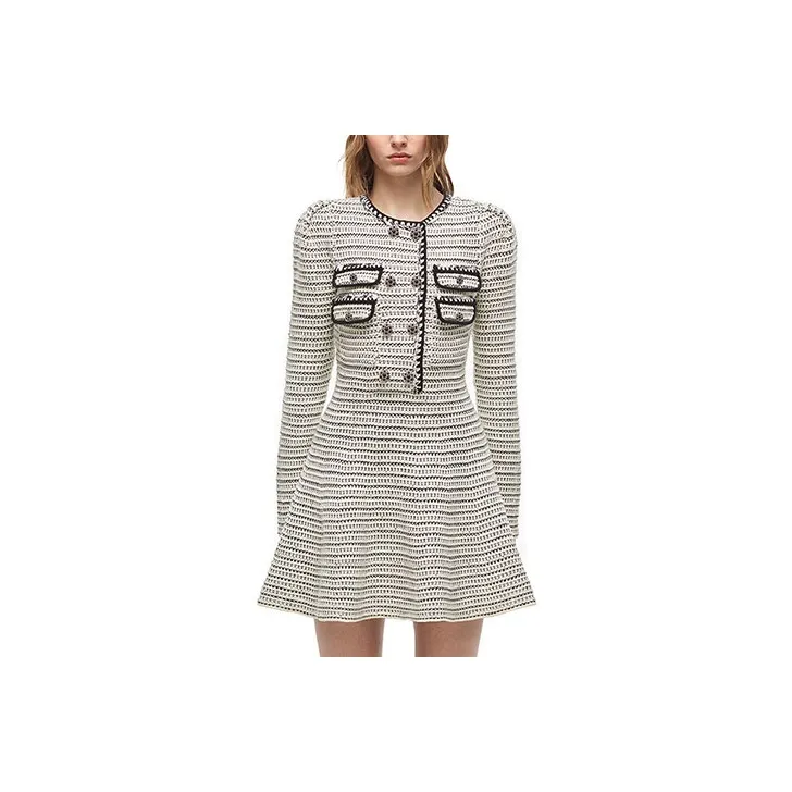 Self-portrait Long-Sleeved Dresses Women's Black White Mixed Color-0
