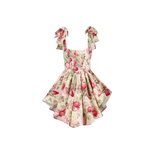 Selkie Collection SS24 Short-Sleeved Dresses Women's Light Apricot Base With Strawberry Print