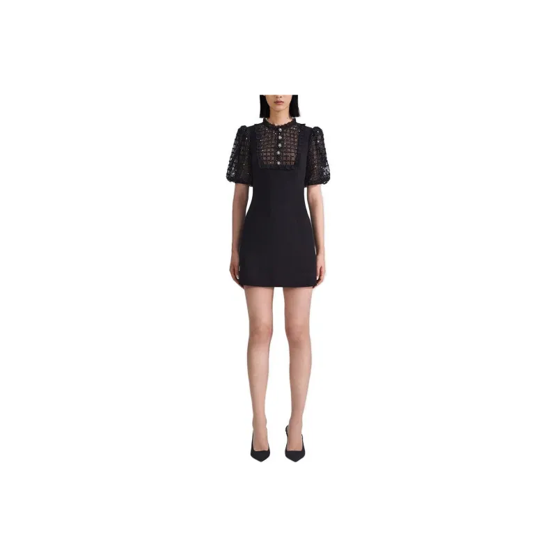 Self portrait Short Sleeved Dress Women's Classic Black-0