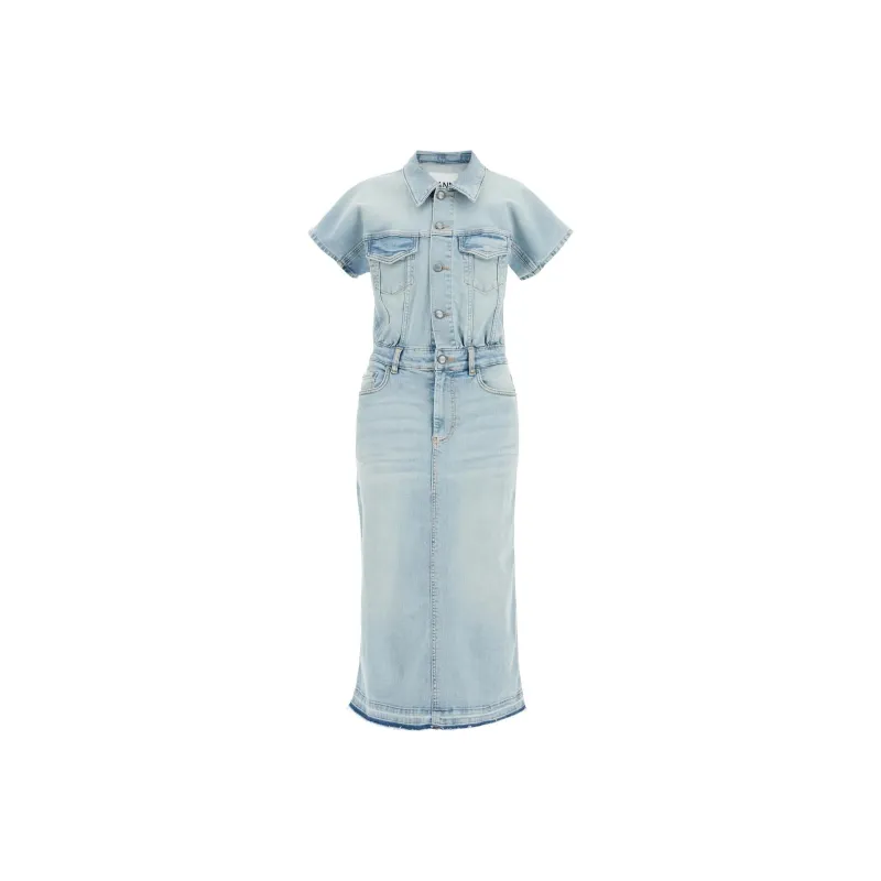 GANNI Frayed Hem Midi Denim Dress-0
