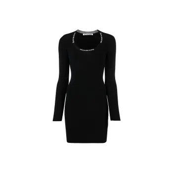 Alexander Wang Bodycon Ls Logo Jacquard Trim Scoop Neck Dress Black