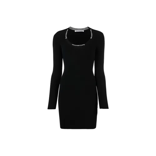 Alexander Wang Bodycon Ls Logo Jacquard Trim Scoop Neck Dress Black
