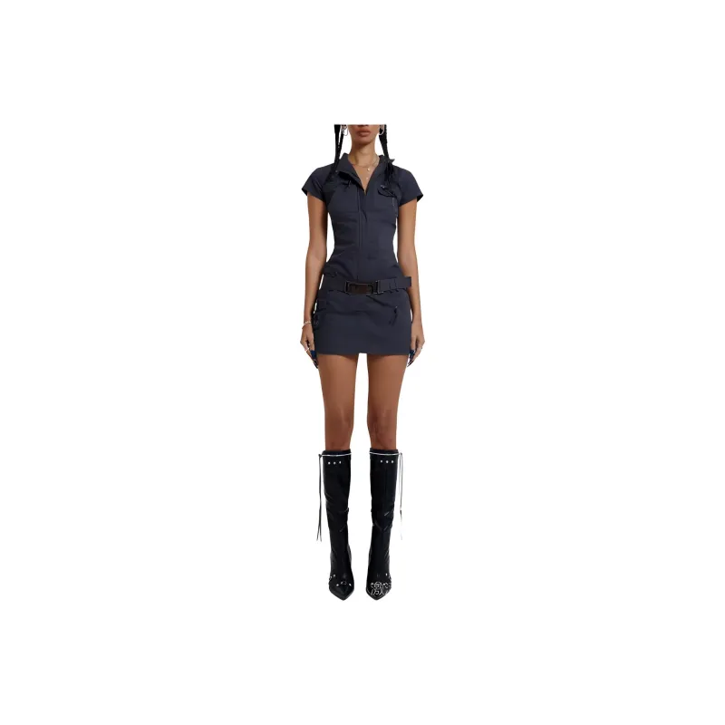 Jaded London Vintage Grey Cargo Mini Dress With Belt Detail Short-Sleeved Dresses Women's GREY/Gray-0