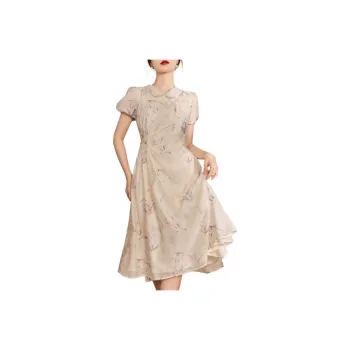 QIAOYUHUAZUN Short Sleeved Dresses Women's Apricot Purple