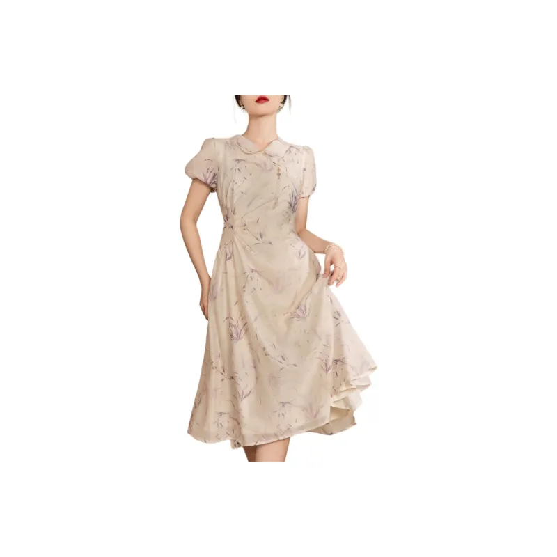 QIAOYUHUAZUN Short Sleeved Dresses Women's Apricot Purple-0