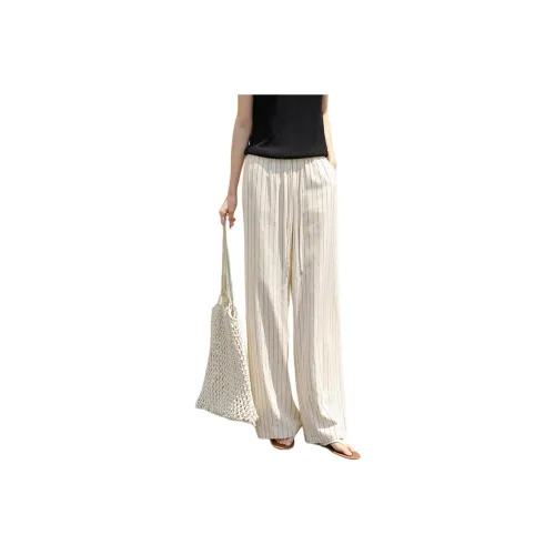 WHITEALLUSION Casual Pants Women's Beige With Black Stripes