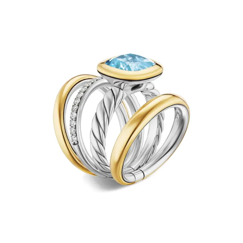 David Yurman 18K Yellow Gold And Sterling Silver Dy Mercer® Four Row Diamond And Topaz Ring-2