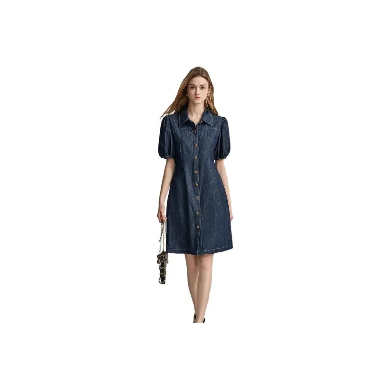 【dme】 Short Sleeved Dresses Women's Dark Denim Blue-0
