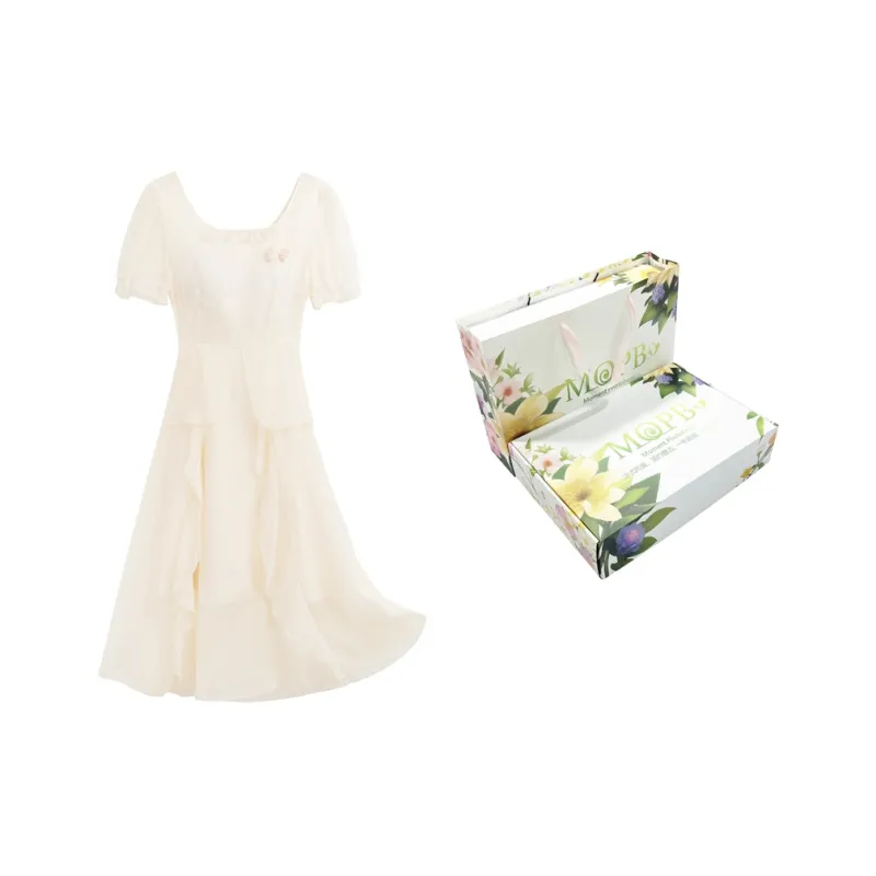 MOPB Short Sleeved Dress Women's Gift Box Set Included Beige Apricot-4