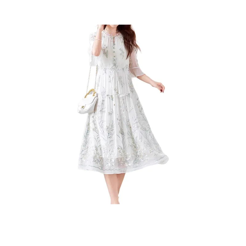 Yi Mengyuan Lace Up Silk Long Sleeved Dress Women's Green-0