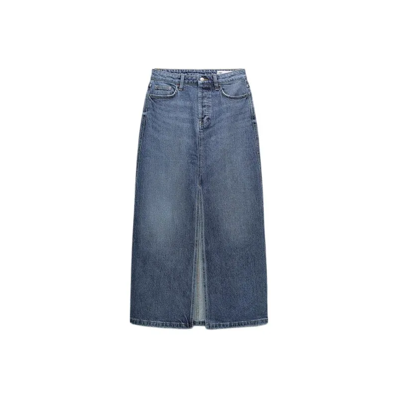 ZARA Denim Long Skirts Women's Medium Blue-0