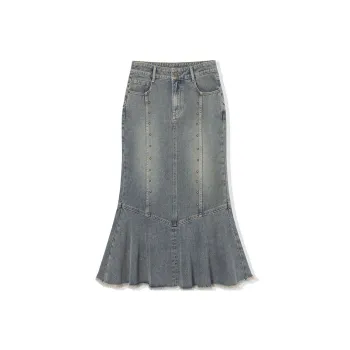 LA CRAWFISH Denim Long Skirts Women's Vintage Denim Blue