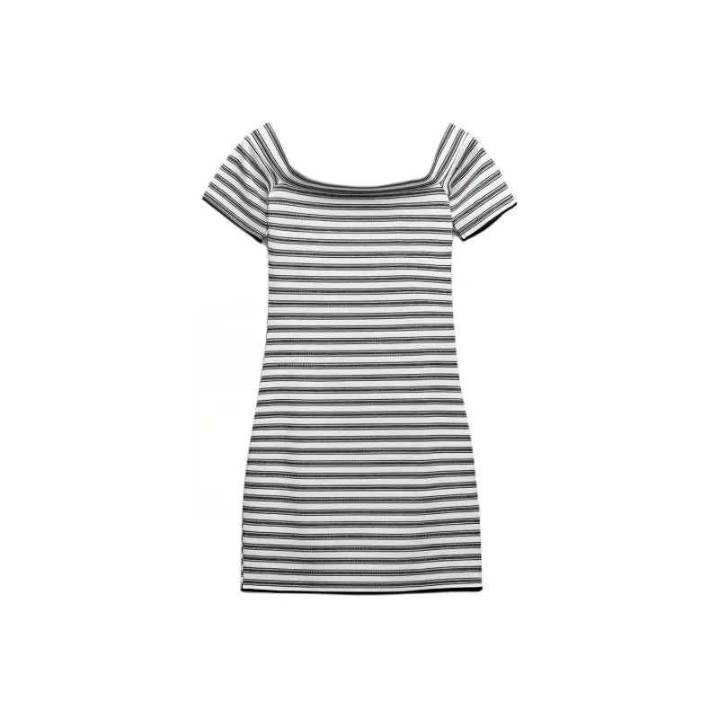 ZARA Short-Sleeved Dresses Women's Black White Stripes-0