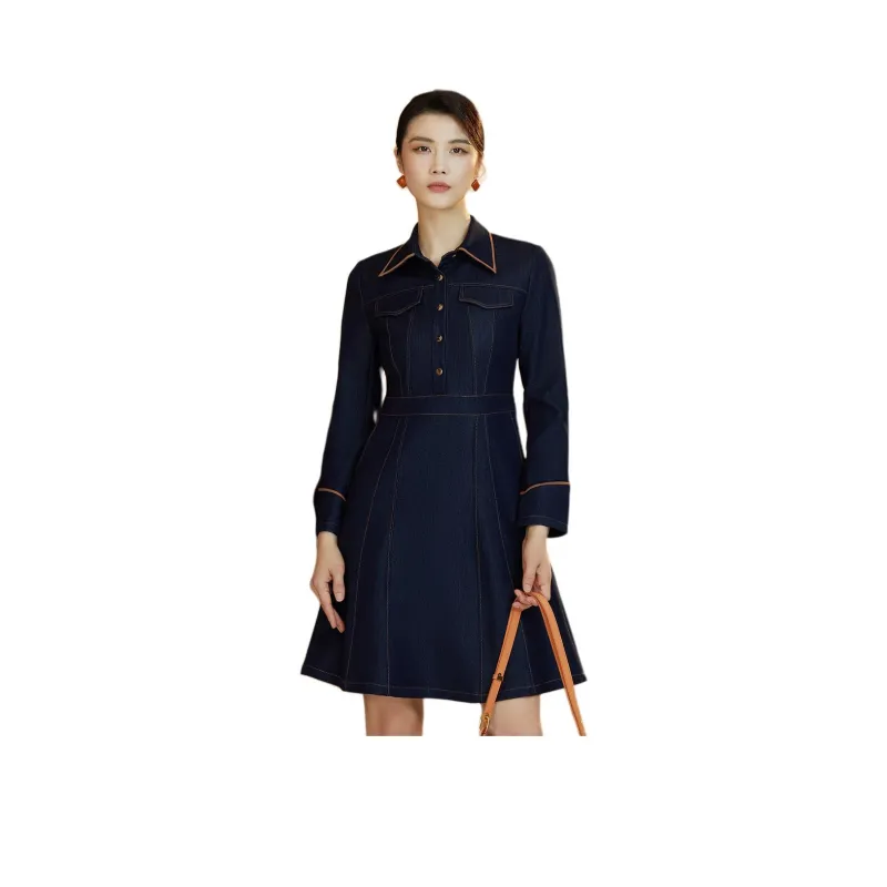 BBLLUUEE Long Sleeved Dress Women's Denim Blue-0