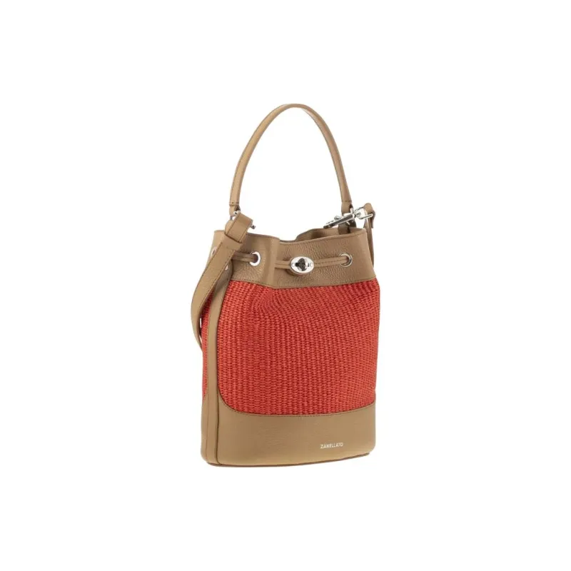 Zanellato Raffia With Leather Bucket Bag, One Shoulder Handbag Trumpets Women's Red & Brown-1
