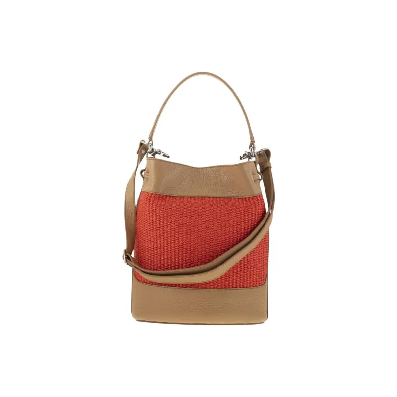 Zanellato Raffia With Leather Bucket Bag, One Shoulder Handbag Trumpets Women's Red & Brown-3