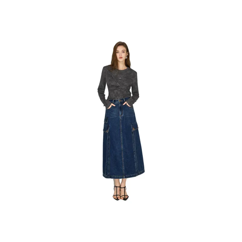 Bethine Denim Long Skirts Women's Dark Denim Blue-0