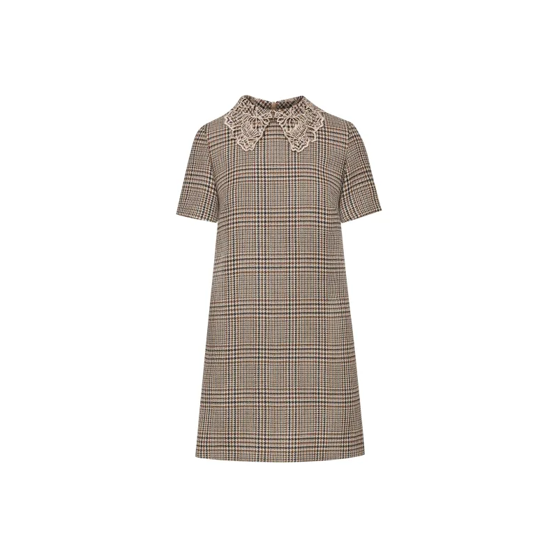 Oscar De La Renta Peony Guipure-collar Plaid Shift Dress-0