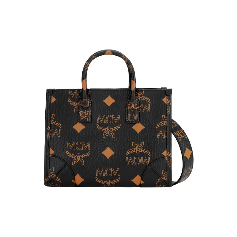 MCM VisetosMünchen Coated Canvas With Nappa Leather Tote Bag Crossbody Bag Handbag Small Size Unisex Black-0