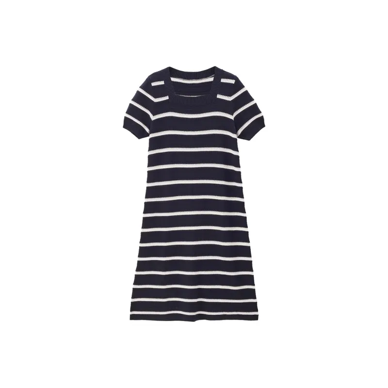 UNIQLO Short-Sleeved Dresses Women's Blue White Stripes-0
