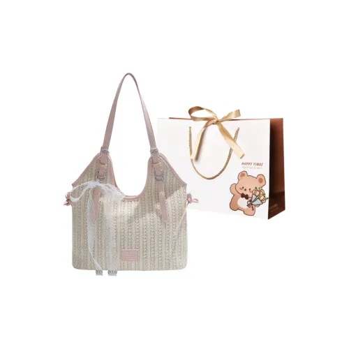 ERANGBEAR Straw Woven Shoulder Bag Regular Women's Pink/Brown
