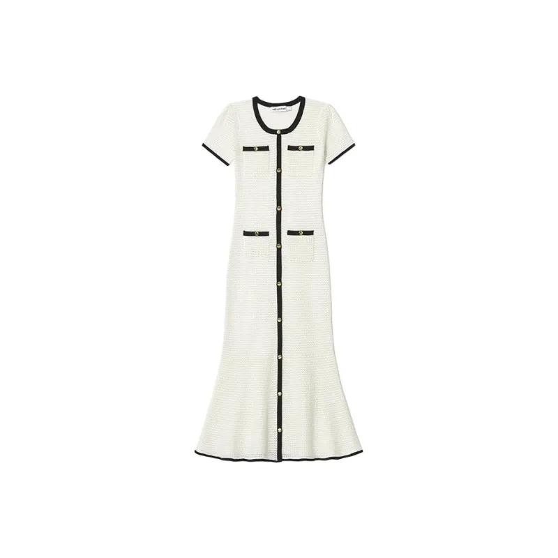 Self-portrait Short-Sleeved Dresses Women's White Color Blocking Black-0