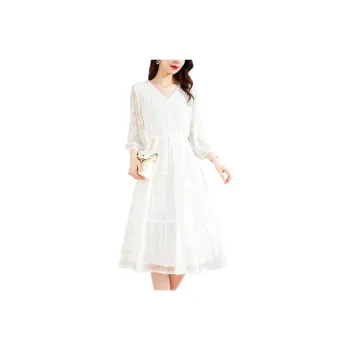 Yi Mengyuan Silk Long Sleeved Dress Women's White