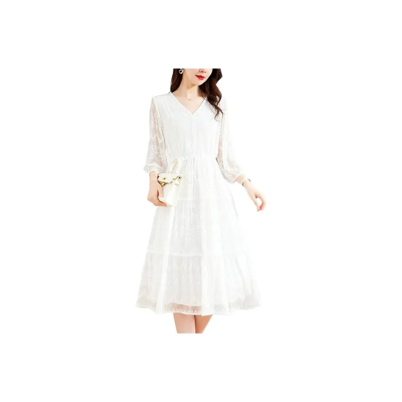 Yi Mengyuan Silk Long Sleeved Dress Women's White-0