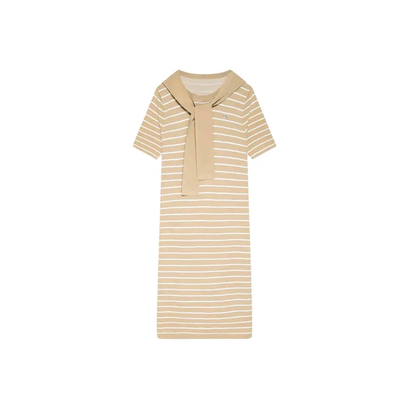 DKNY SS24 Short Sleeved Dress Women's Coffee Stripes-0