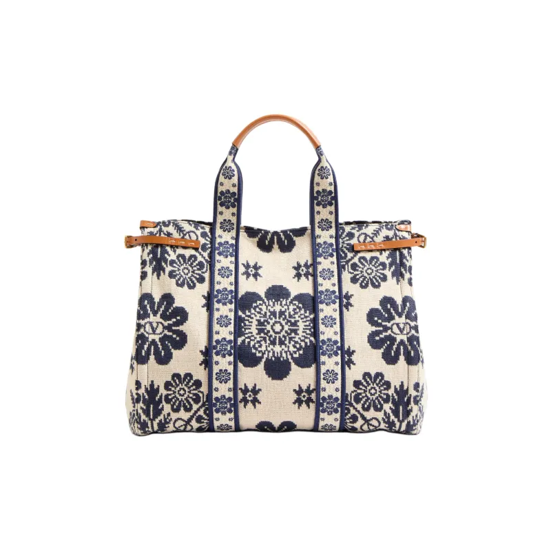 Valentino GARAVANI Jacquard Fabric Tote Bag, Shopping Bag, Handbag Women's Beige & Blue-3