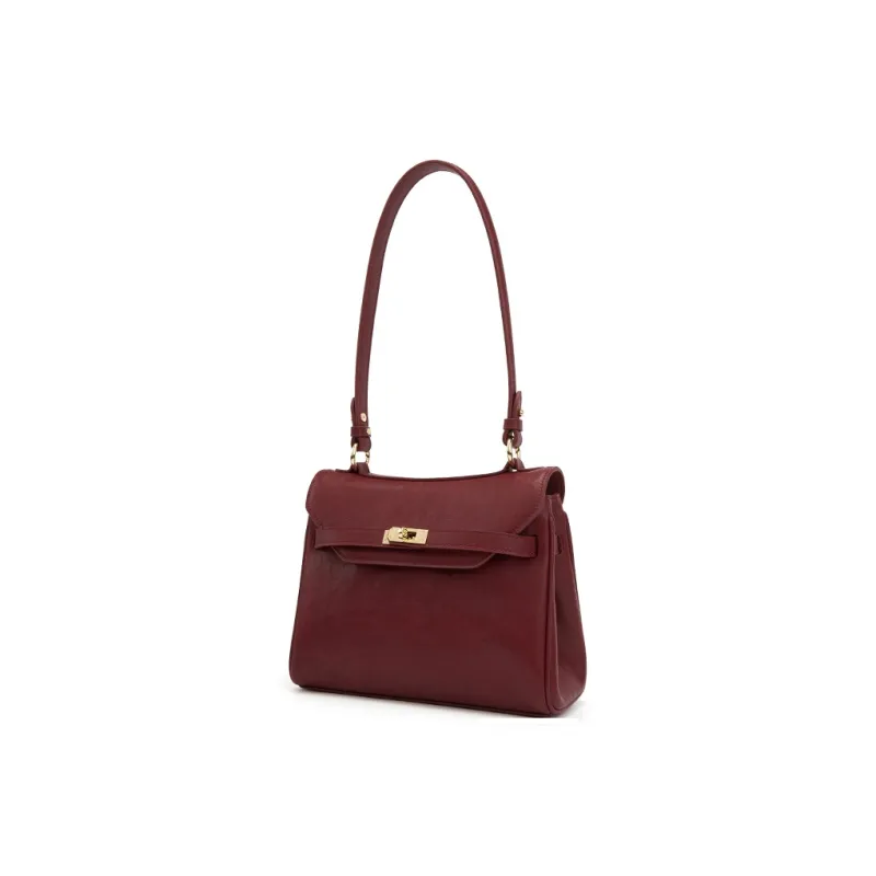 ELLE Cow Leather Shoulder Bag Women's Black/Burgundy/Ecru-11