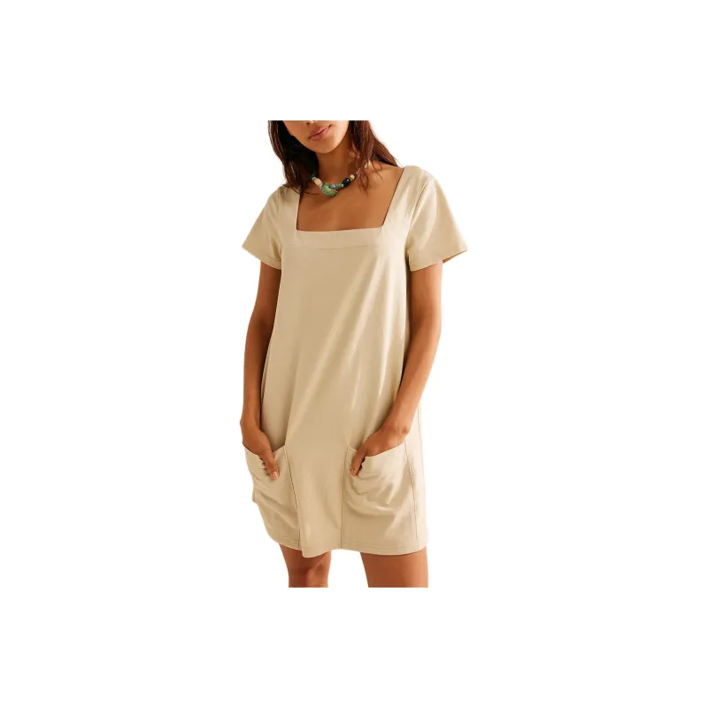 FREE PEOPLE Barrey Mod Shift Mini Short-Sleeved Dresses Women's Concrete Khaki/Concrete Khaki-0