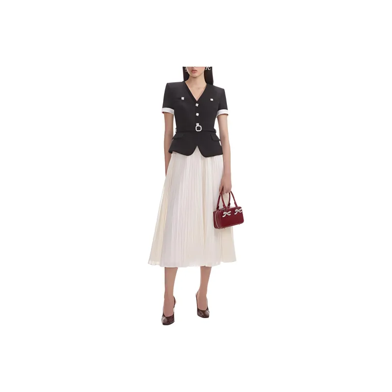 Self-portrait Short-Sleeved Dresses Women's Black White Color Blocking-0