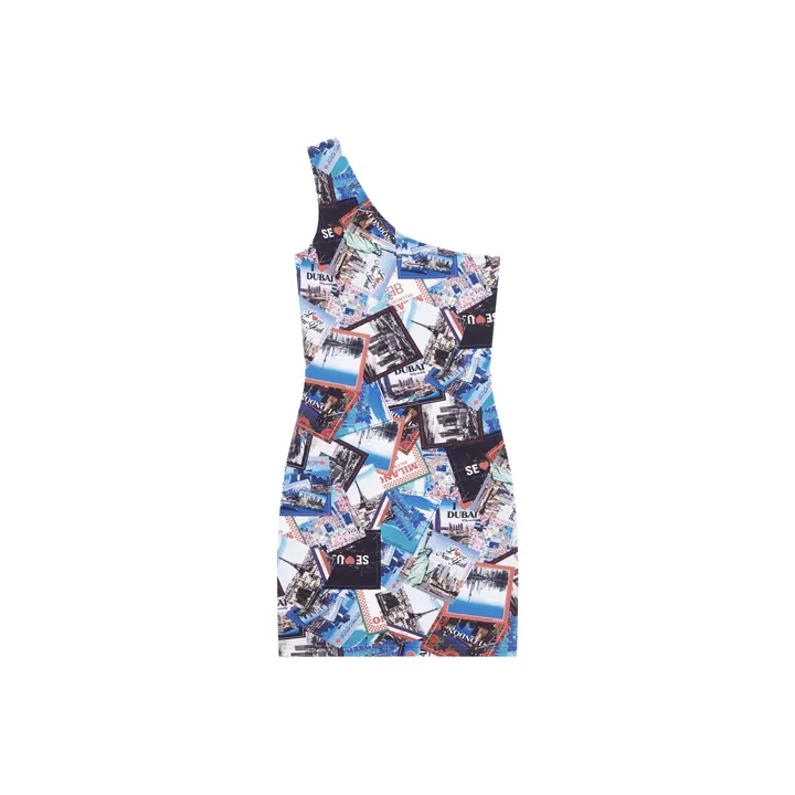 Balenciaga Women'ss Allover Cities Asymetric Mini Dress Grey/Blue/Multi-0