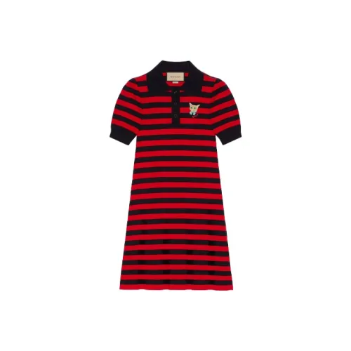 GUCCI Cat embroidered Striped Polo Dress