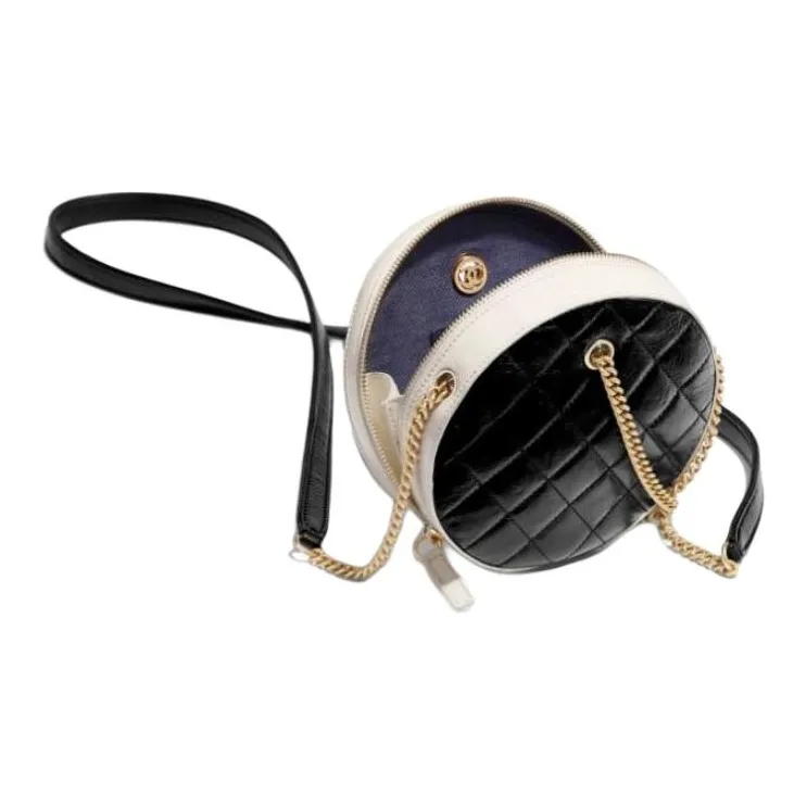CHANEL Calfskin With Cotton Trim Round Bag, Crossbody Bag, Shoulder Bag Women's Black/White-2