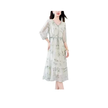 Yi Mengyuan Silk Long Sleeved Dress Women's Green