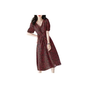 【dme】 Short-Sleeved Dresses Women's Dark Red