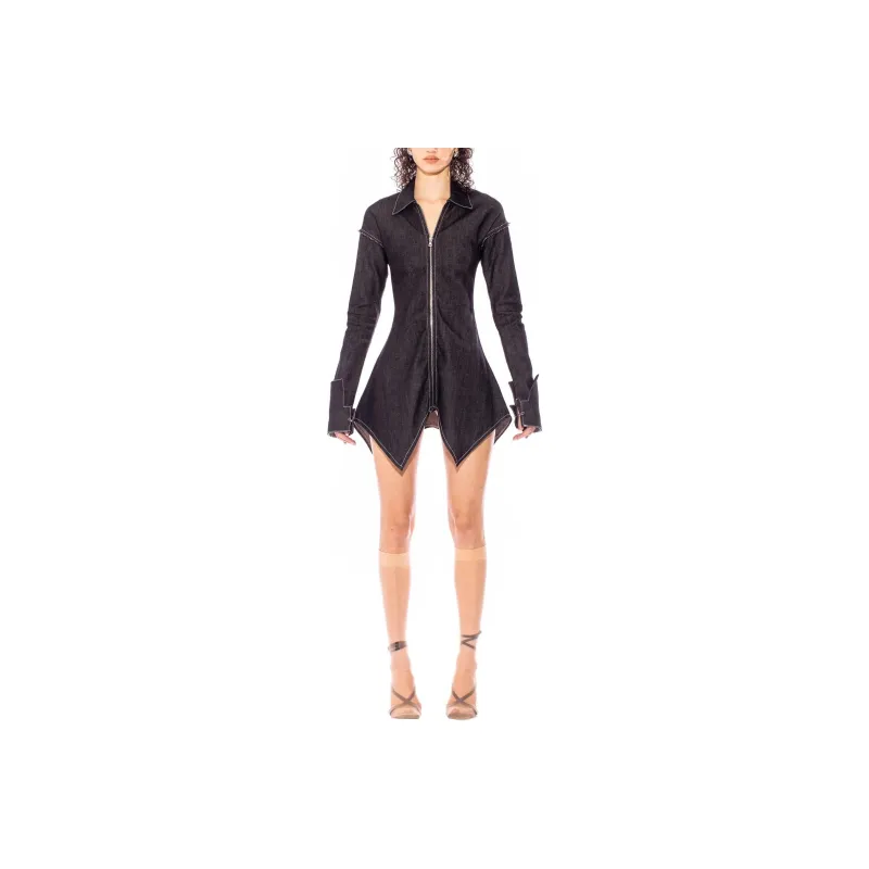 SAMI MIRO VINTAGE CURVE COLLARED DRESS IN RAW DENIM Long-Sleeved Dresses Women's BLACK/Black-0