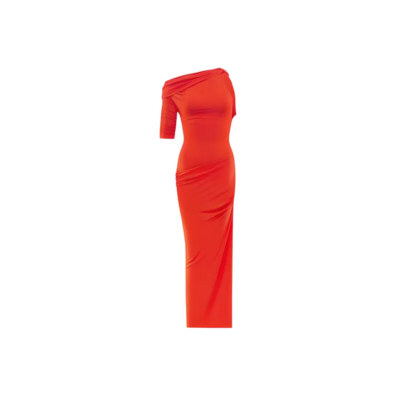 Jacquemus SS24 Draped Midi Dress Short-Sleeved Dresses Women's Orange/Orange-0