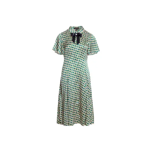 BESIONIA SS22 Short Sleeved Dresses Women's Green Geometric Pattern
