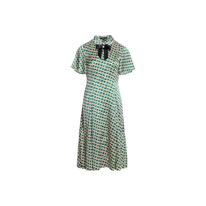 BESIONIA SS22 Short Sleeved Dresses Women's Green Geometric Pattern-0