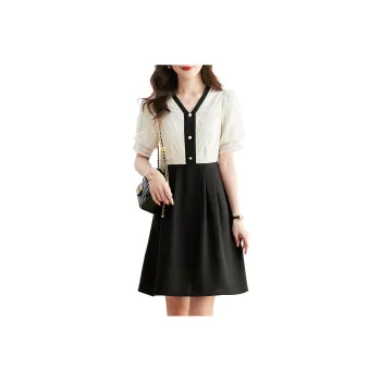 Still Quiet Short Sleeved Dress Women's Beige+Black