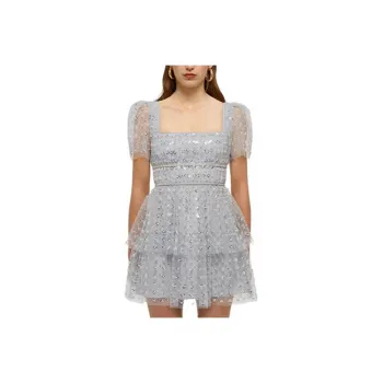 Self portrait Short Sleeved Dress Women's Light Gray