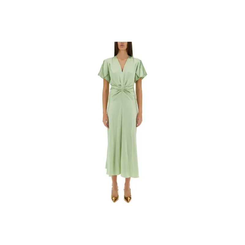 Victoria Beckham Gathered V Neck Midi Dress-0