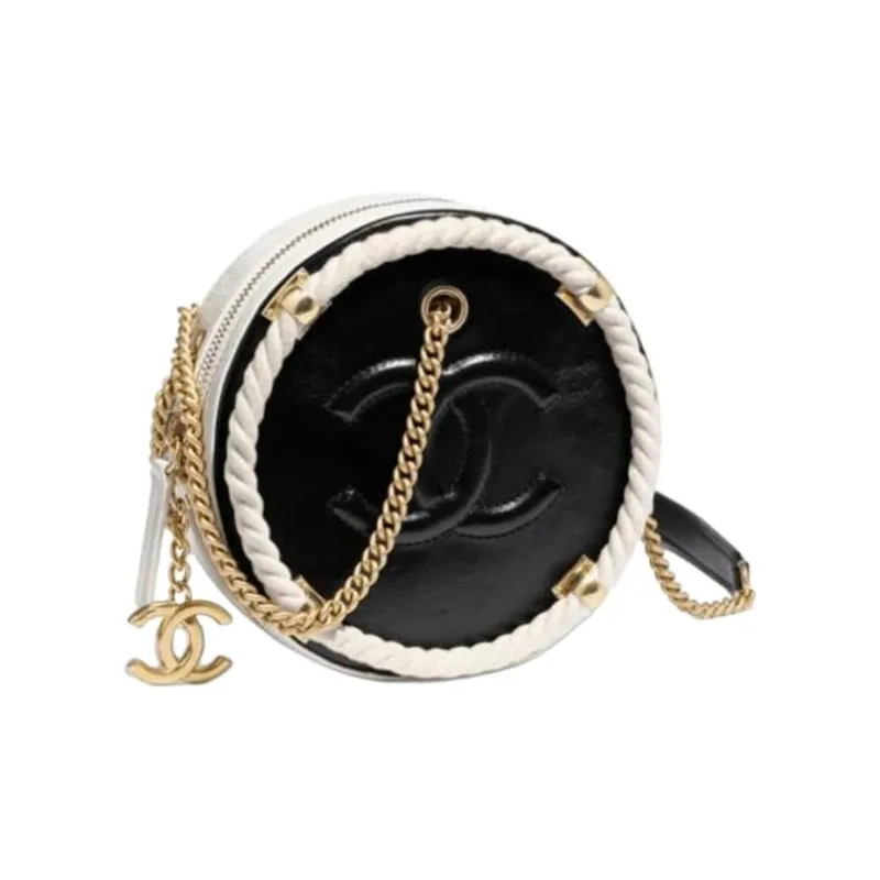 CHANEL Calfskin With Cotton Trim Round Bag, Crossbody Bag, Shoulder Bag Women's Black/White-0