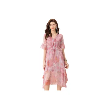 FENHONGMALI Short Sleeved Dress Women's Pink