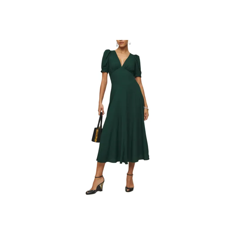 REFORMATION Naira Dress Short-Sleeved Dresses Women's Forest Green-0