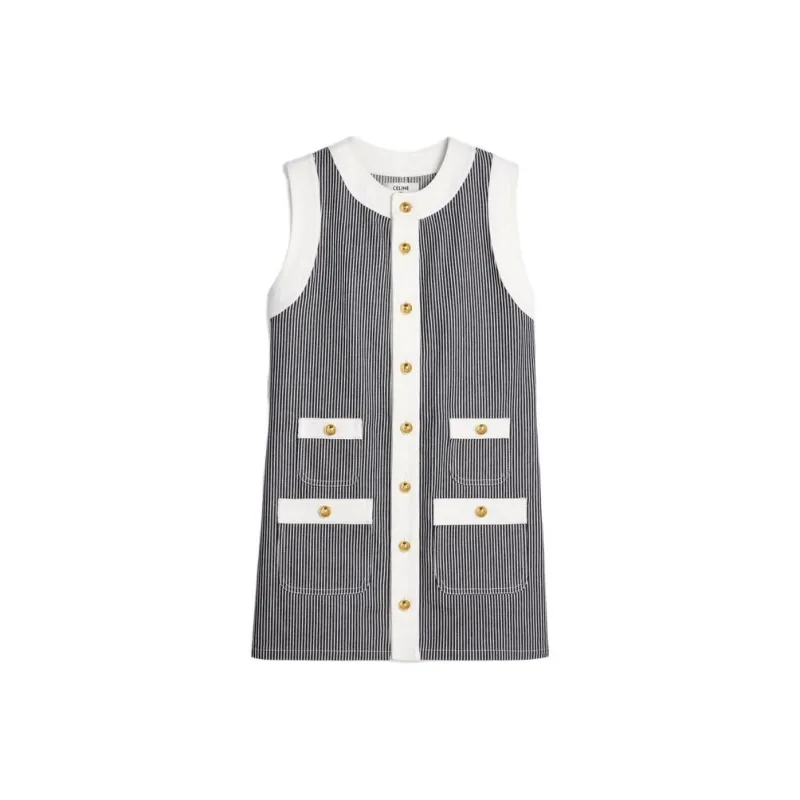 CELINE Sleeveless Dress Women's Blue-0