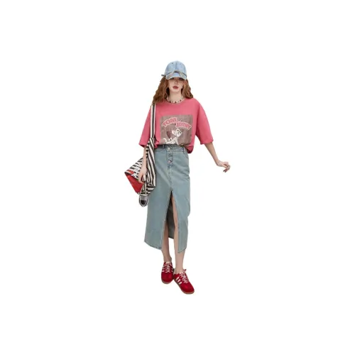 ELF SACK Denim Long Skirt Women's Washed Denim Blue